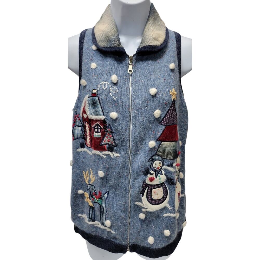 VTG Christmas Sweater Vest Womens SZ S VICTORIA JONES Embroidered UGLY Zip Blue